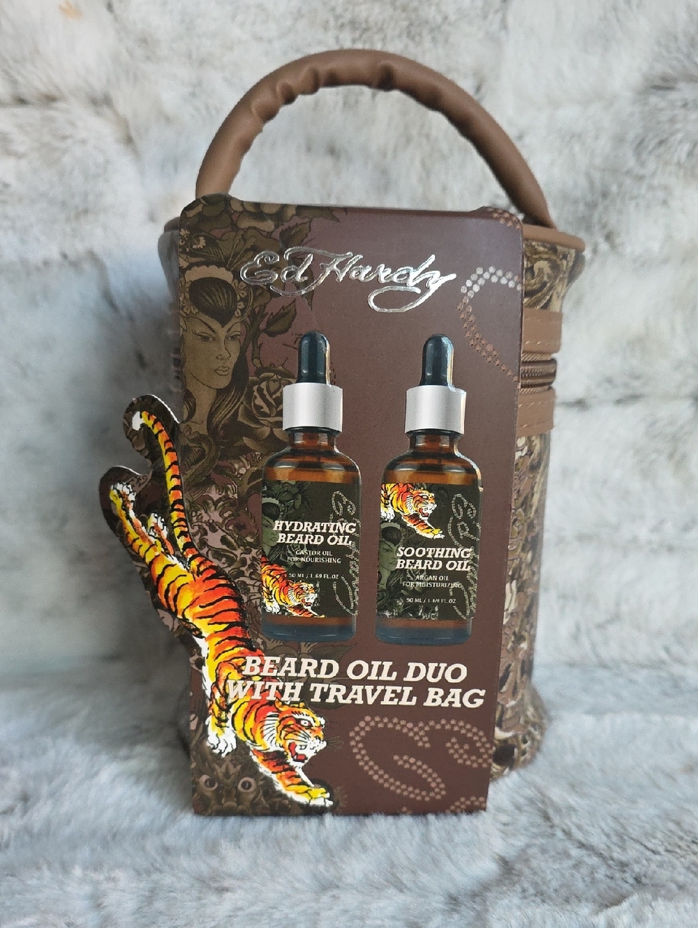 Ed Hardy Beard Oil Set with‎ Brown & Orange Tiger Artwork